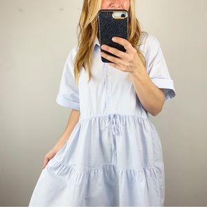 ZARA Mini Oxford Dress Sky Blue Tiered Cinch Waist Short Sleeve SIZE M